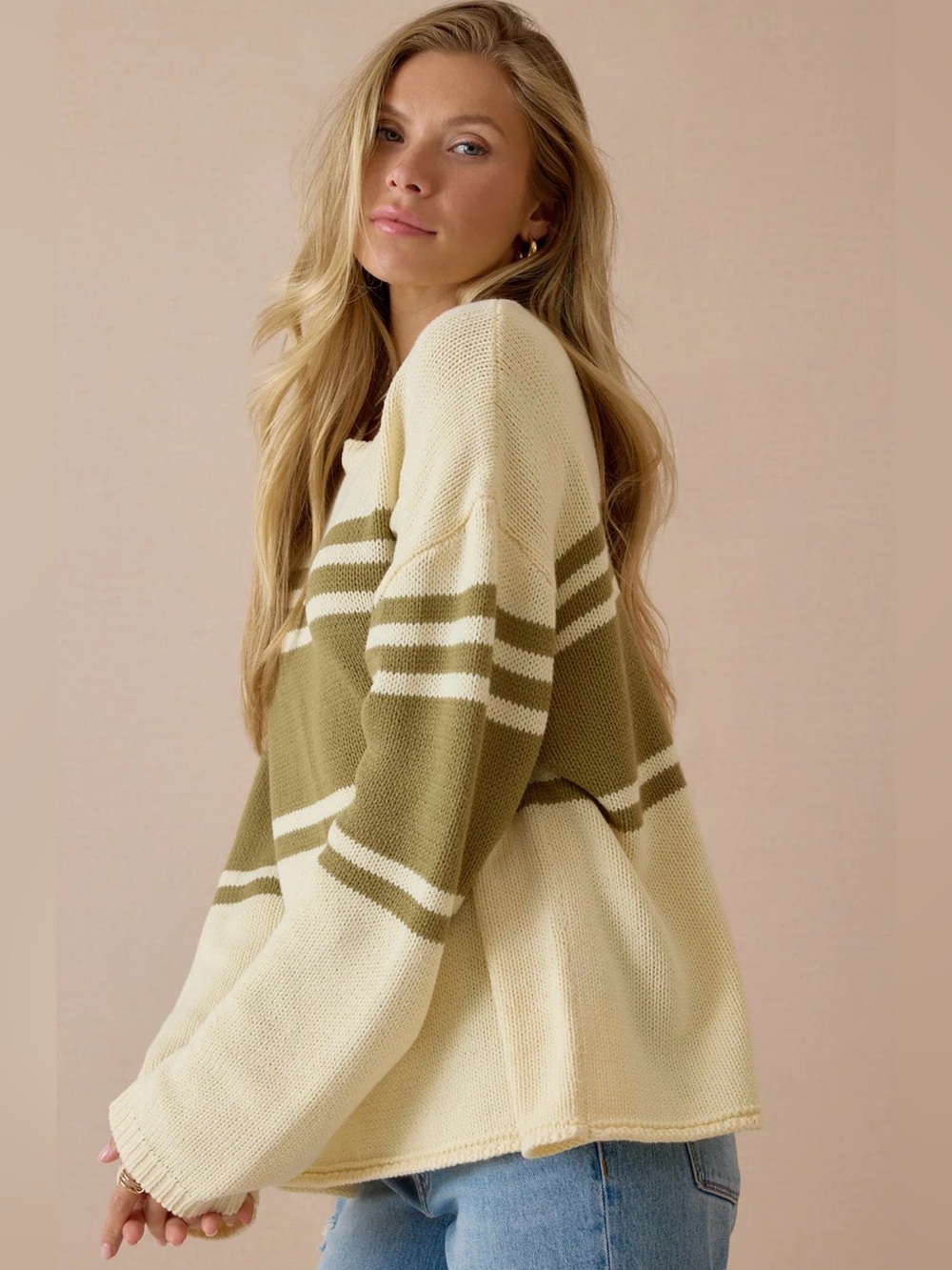 Altar’d State Nala Oversized Stripe Sweater Ivory & Olive Green Relaxed Cozy NEW - Picture 3 of 7